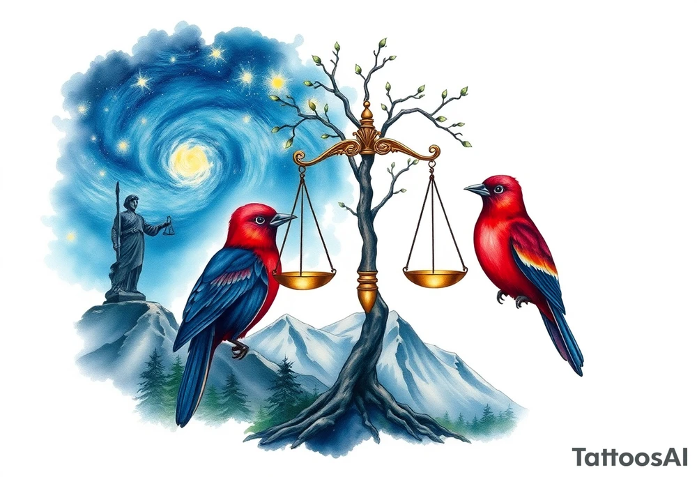 one of the birds red wearing a suit, other bird navy blue with glasses or holding a book, scales of justice built into a tree, starry night painting and mountain background tattoo idea