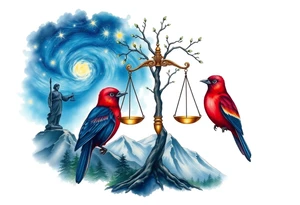 one of the birds red wearing a suit, other bird navy blue with glasses or holding a book, scales of justice built into a tree, starry night painting and mountain background tattoo idea