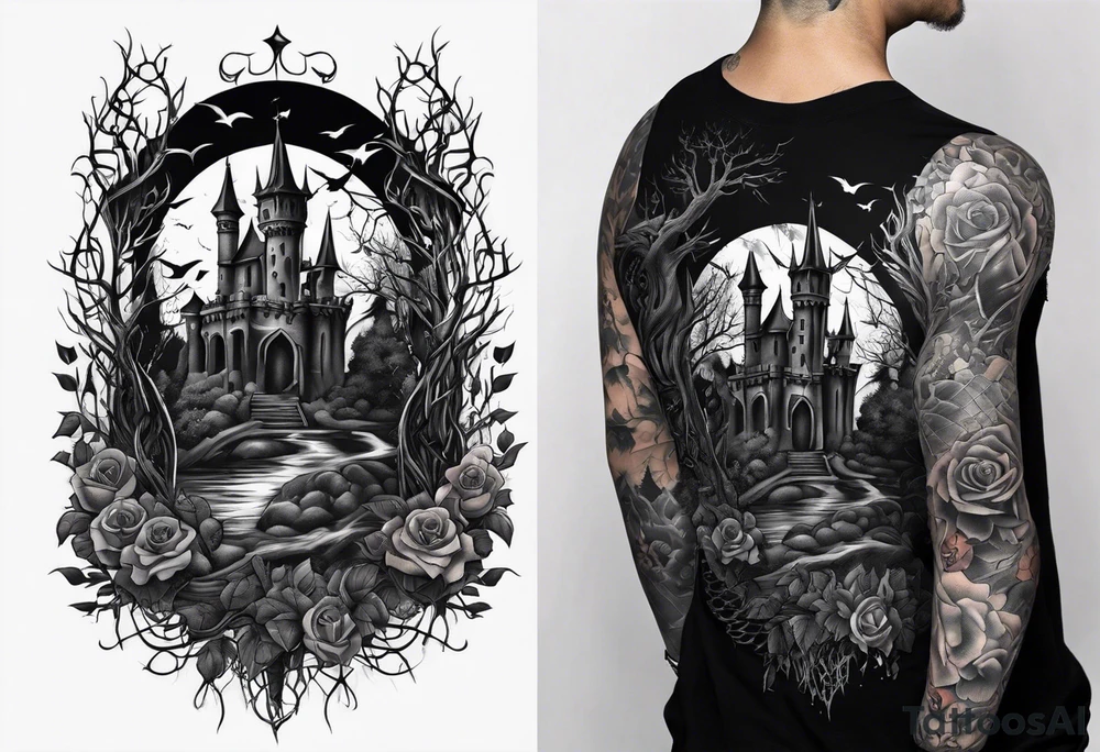 tattoo fool sleeve, destroyed dark gothic castle, tree roots break out of the chains, broken mask, roses tattoo idea