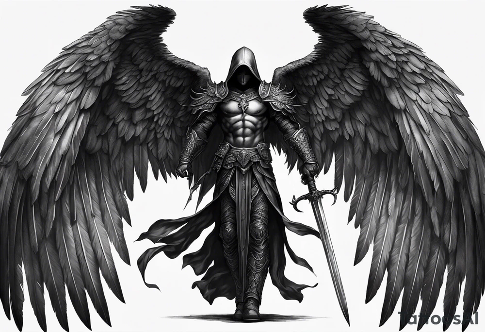 realistic full body of black angel of death, no face, face is not visible, with wings holding only one sword in both hands, the sword is held edge toward the ground tattoo idea
