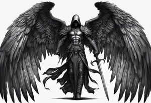 realistic full body of black angel of death, no face, face is not visible, with wings holding only one sword in both hands, the sword is held edge toward the ground tattoo idea