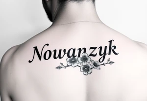 The word "Nowaczyk" with three flowers on the lower tricep tattoo idea