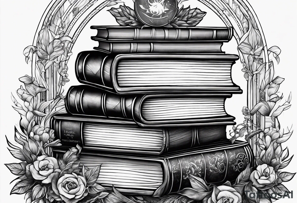 A stack of books with elements from Harry Potter, hunger games, the hobbit, pride and prejudice, twilight, and lord of the rings tattoo idea