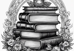 A stack of books with elements from Harry Potter, hunger games, the hobbit, pride and prejudice, twilight, and lord of the rings tattoo idea