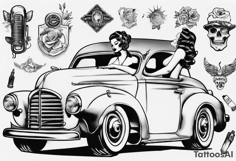 Pinup doll sitting inside an old vintage car tattoo idea