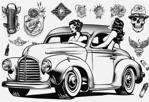 Pinup doll sitting inside an old vintage car tattoo idea