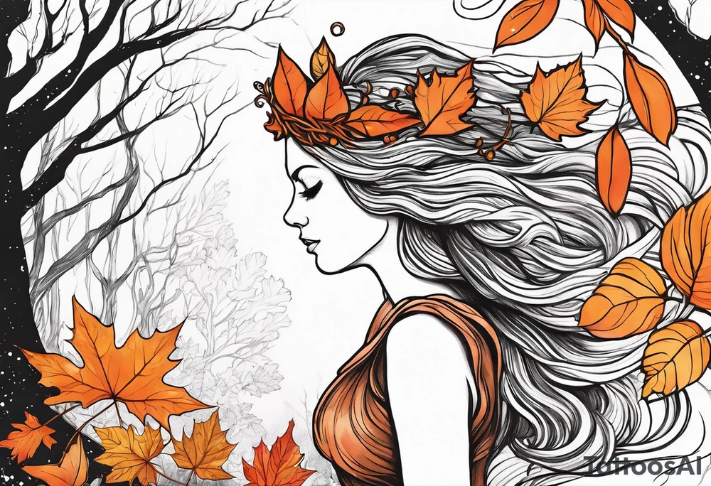 A auburn haired fairy in the middle of a forest during the peak of autumn, twirling in a whirlwind of autumn leaves. The fairy's hair is auburn with copper colors and a crown of gold, orange, and red leaves adorning her head. tattoo idea