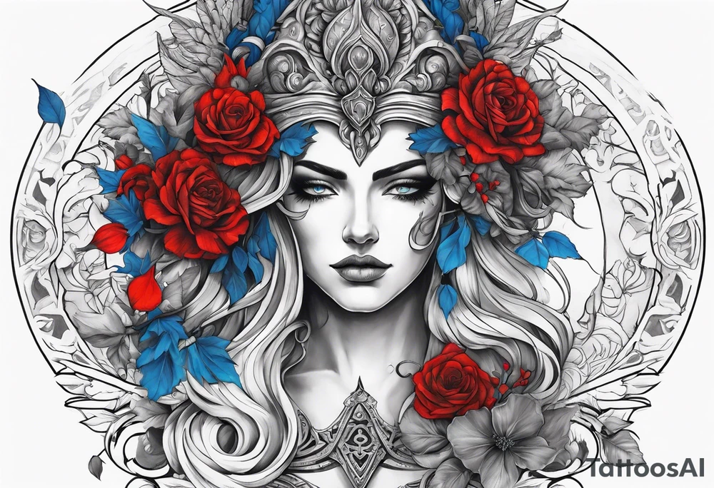 Hades with blue and red
shadowns and persephone symbols tattoo idea