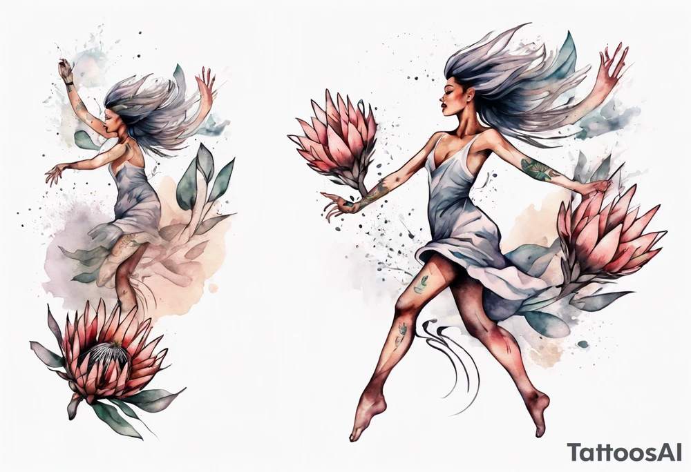Very feminine tattoo with a woman dancing in a wind of protea flowers tattoo idea