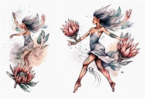 Very feminine tattoo with a woman dancing in a wind of protea flowers tattoo idea