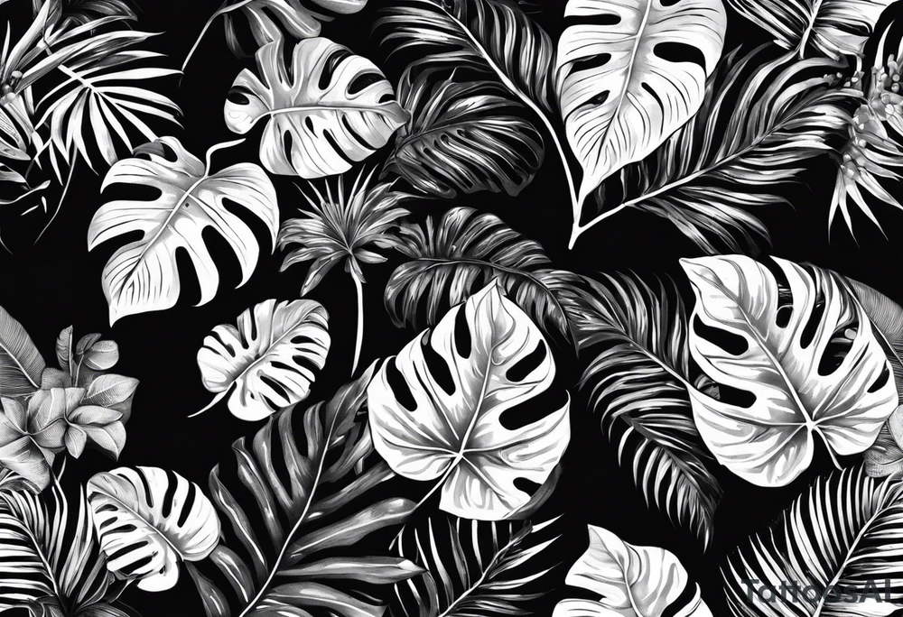 I want a monochrome tattoo in black gradients featuring a snake subtly hidden among the leaves of Raphidophora and Monstera. The snake should be coiled and partially visible, blending harmoniously with the detailed, large leaves of the plants. The Monstera leaves should have natural holes, while the Raphidophora leaves should be long and pointed. The overall style of the tattoo should be realistic, with shading and black gradients to create an elegant and mysterious effect." tattoo idea