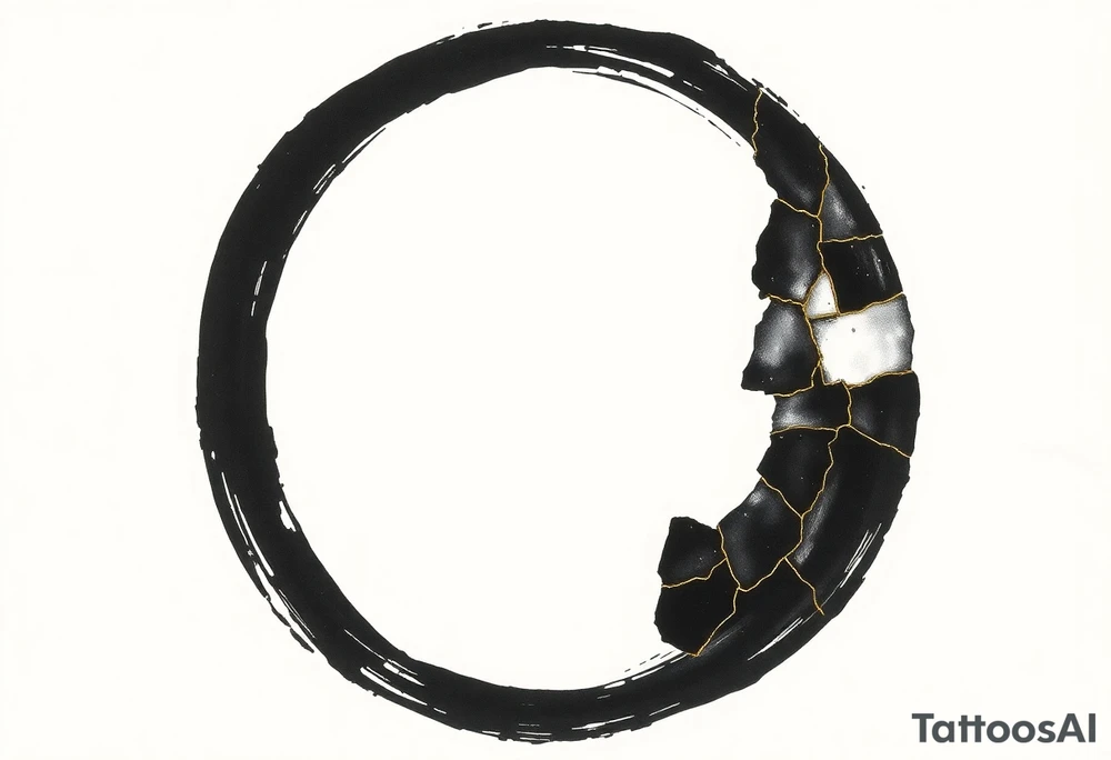 A Japanese‑inspired tattoo of a thick Zen ensō circle, drawn with a bold, hand‑painted black ink brushstroke. The circle is imperfect and organic, with visible texture and subtle variation in line thickness. About the last quarter of the circle, near the top‑right, transforms into a cracked ceramic segment that has been repaired using kintsugi: visible broken pieces outlined and joined by thin, flowing gold lines. There should be a couple big pieces rather than lots of small ones. The circle and the ceramic part should have the same thickness. The gold seams follow the natural fractures of the ceramic section, creating several branching cracks rather than a single line, clearly distinguishing this repaired portion from the rest of the smooth ink circle. The transition from ink to ceramic should feel natural, as if the painted circle solidifies into a fragile object that has been lovingly mended. Keep the interior of the circle empty, with a clean white background and no extra symbols or text. Design it as a black and gray tattoo with a subtle metallic gold effect on the kintsugi seams, suitable for a medium‑sized placement on the back of the bicep. tattoo idea