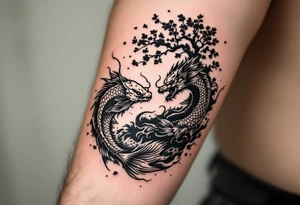 koi fish fighting a dragon in a yin yang format 
with a sakura tree in the background, Japanese inspired piece tattoo idea