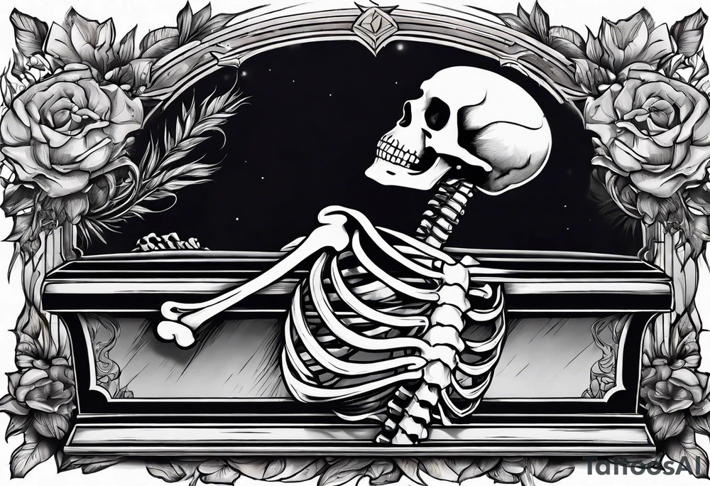 skeleton getting out of coffin tattoo idea