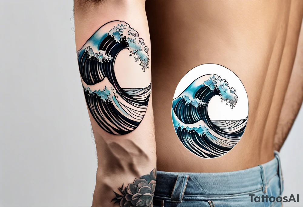 wave  "come what may" written underneath in cursive outside forearm not an oval tattoo idea