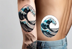 wave  "come what may" written underneath in cursive outside forearm not an oval tattoo idea