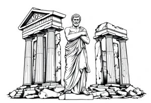 greek philosopher statue with masculine Fram in front of old broken greek buildings tattoo idea