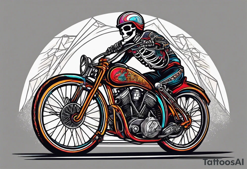 Skeleton rides a racing bicycle. It is wearing a 1980s style uniform. There is no background image tattoo idea