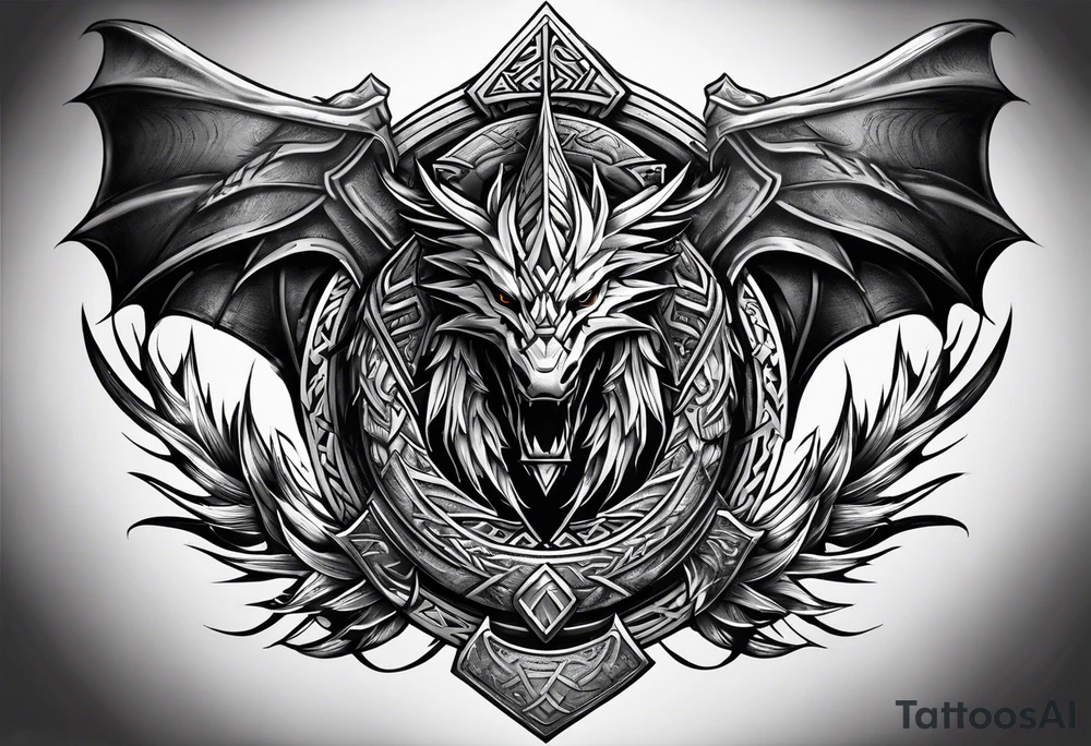 Valhalla sword shield dragon axe Valknut tribal tattoo idea Valhalla sword shield dragon axe Valknut tribal tattoo idea