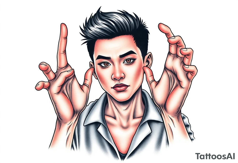 Handsome Asian young guy being holding by scary hands tattoo idea