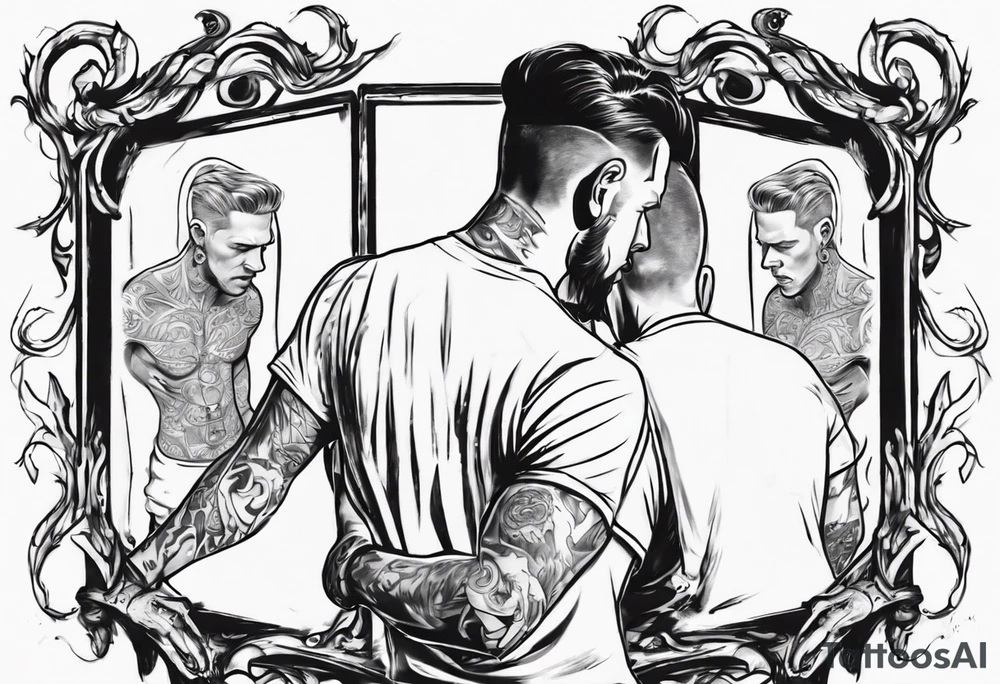 man looking into mirror and seeing his younger self in the reflection tattoo idea