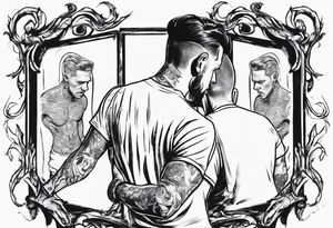 man looking into mirror and seeing his younger self in the reflection tattoo idea