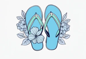 small tattoo of a single pastel blue flip flop surrounded by blue and periwinkle hydrangea flowers with green leaves tattoo idea