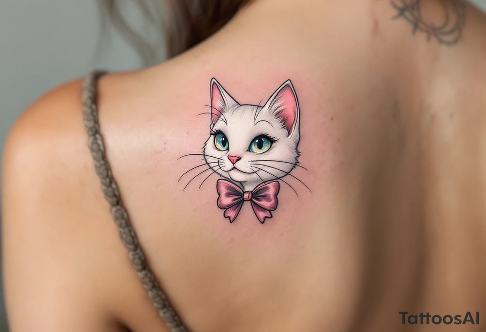 A dainty tattoo of the white cat Marie from The Aristocats with tipycall pink bow in soft shades of pink and gray. tattoo idea