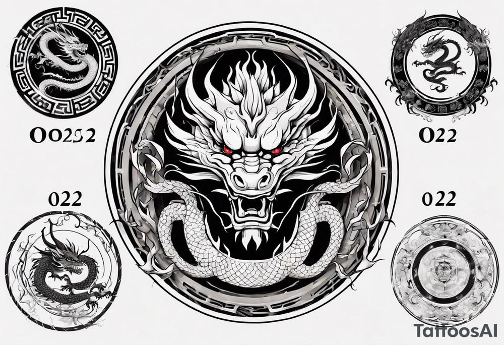 Chinese dragon in a circular shape with "02.03" written on its skin tattoo idea
