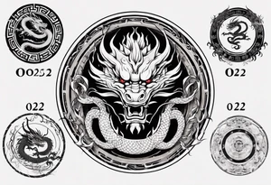 Chinese dragon in a circular shape with "02.03" written on its skin tattoo idea