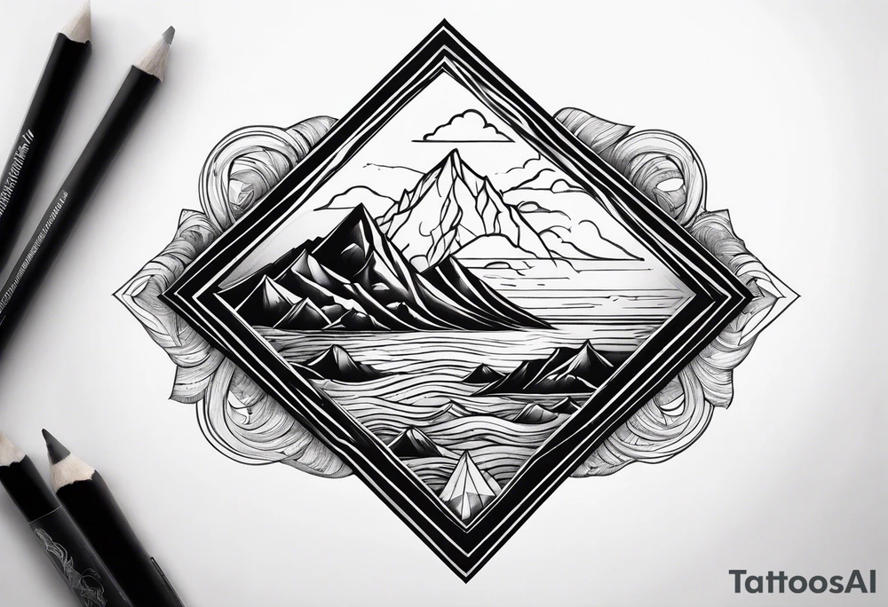 Mountains and ocean waves  crashing diamond shape tattoo idea