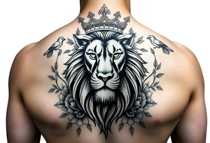 powerful majestic lion with a crown, surrounded by floral ornaments and birds tattoo idea