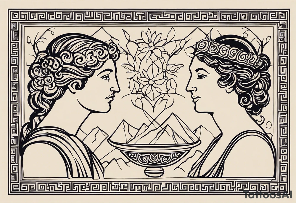 "Design a tattoo featuring the Greek gods Dionysus and Clio, incorporating elements that represent their respective domains and personalities. Consider incorporating symbols of wine, revelry, and artistic inspiration for Dionysus, and symbols of history, literature, and scholarly pursuits for Clio. The design should harmoniously blend these elements while capturing the essence of both deities." tattoo idea