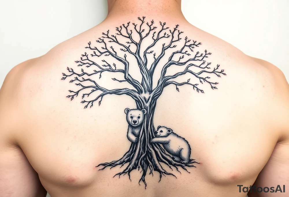 Tree of life with root detail and a mother bear with her cub tattoo idea