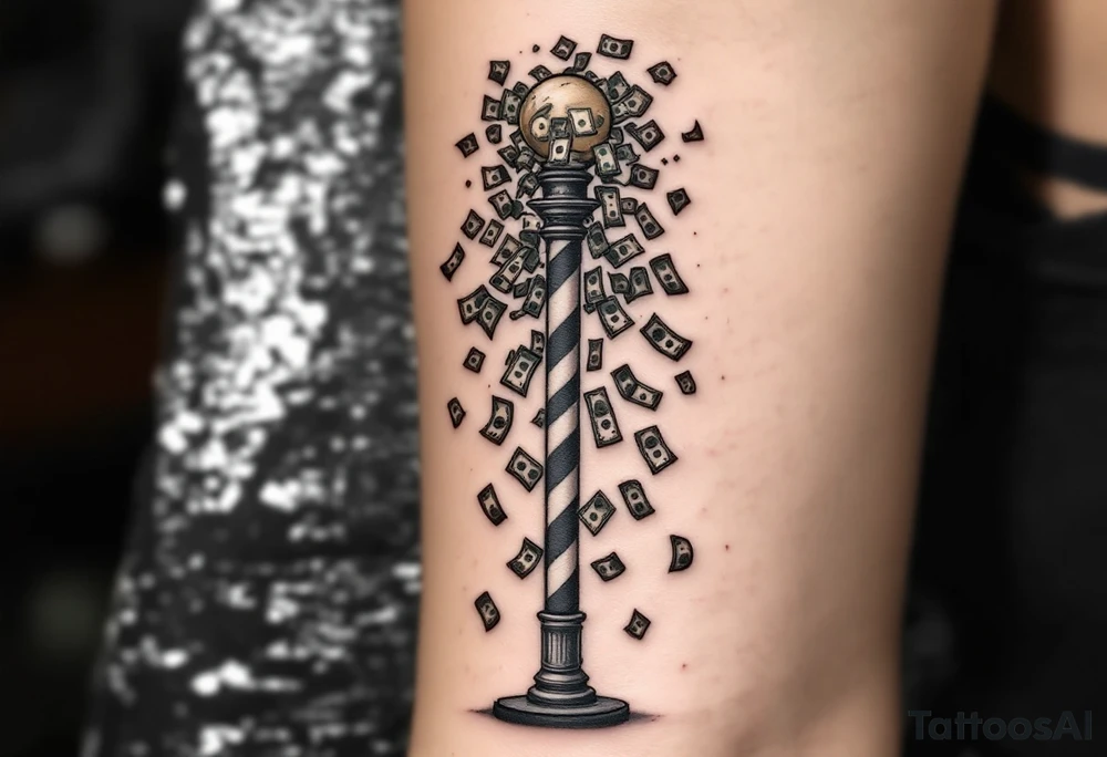 Barber pole with raining money tattoo idea