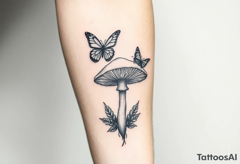 mushroom with 2 butterflies above it on your lower inner arm tattoo idea