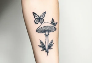 mushroom with 2 butterflies above it on your lower inner arm tattoo idea