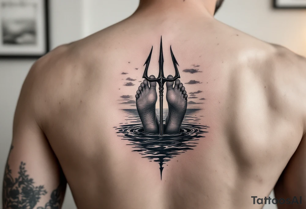 barefeet behind trident with water and sunset tattoo idea