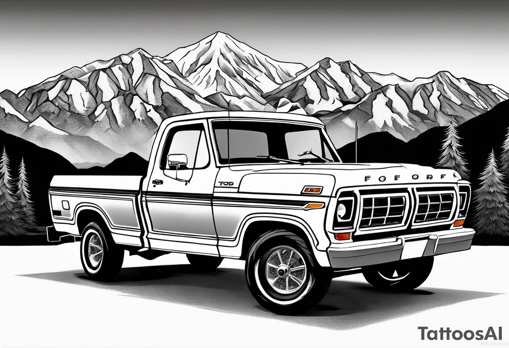 1974 ford f-100 in front of mountains tattoo idea