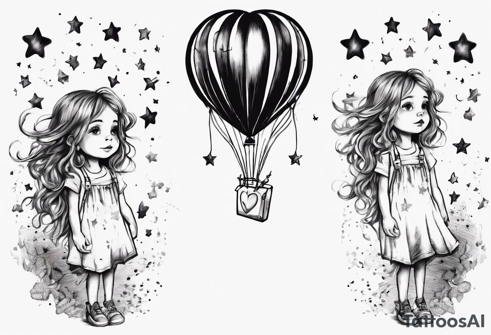 Little girl holding on to heart and star balloons and going up to the sky tattoo idea
