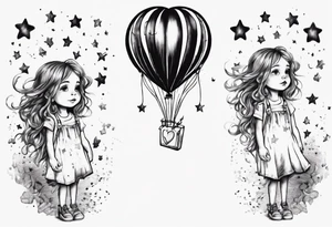 Little girl holding on to heart and star balloons and going up to the sky tattoo idea
