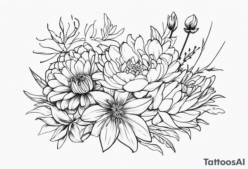 Asters, roses, lily, and chrysanthemums in a stretched line tattoo idea