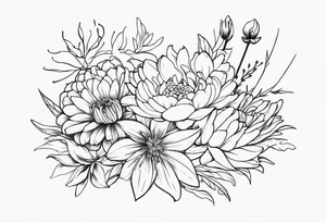Asters, roses, lily, and chrysanthemums in a stretched line tattoo idea