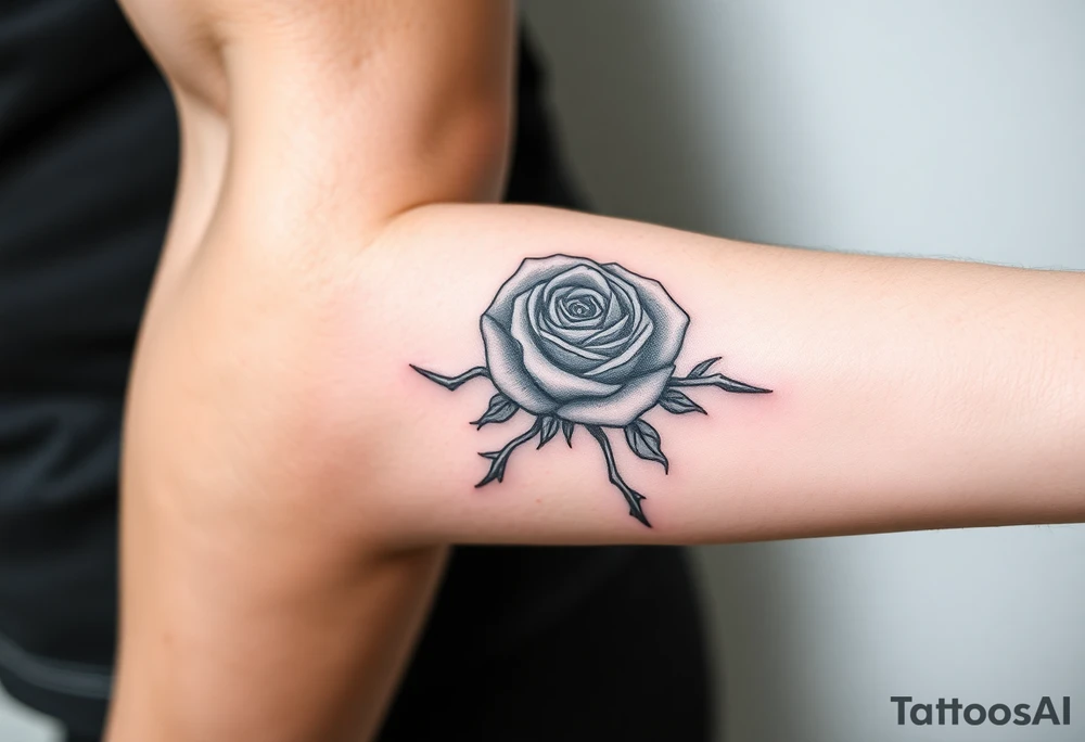 rose tattoo with thorns saying rise above all tattoo idea