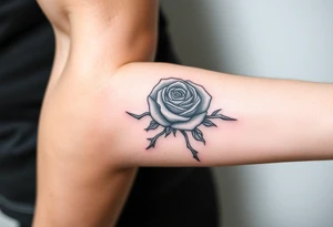 rose tattoo with thorns saying rise above all tattoo idea