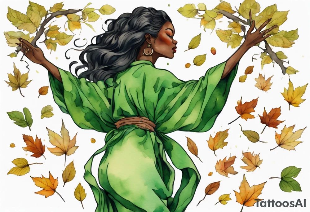a tree that sprouts into a beautiful black woman wearing a green robe, arms reaching up, her roots spreading wide into a field of fallen leaves tattoo idea