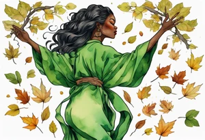 a tree that sprouts into a beautiful black woman wearing a green robe, arms reaching up, her roots spreading wide into a field of fallen leaves tattoo idea