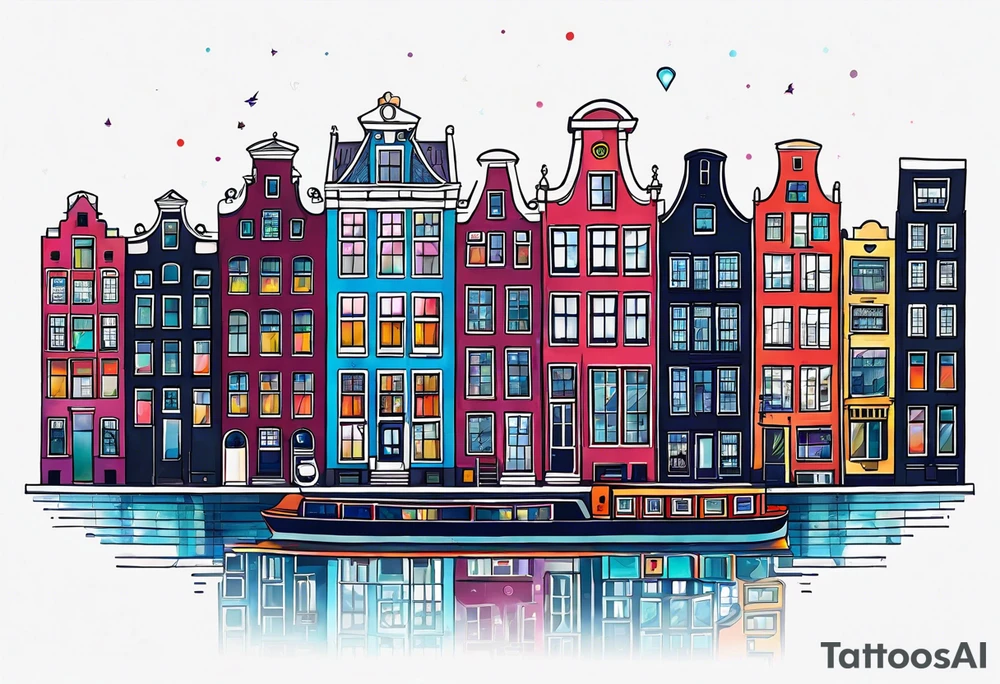 Amsterdam buildings and canal featuring animals in galaxy colours featuring glass pineapples tattoo idea