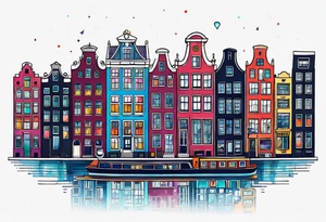 Amsterdam buildings and canal featuring animals in galaxy colours featuring glass pineapples tattoo idea