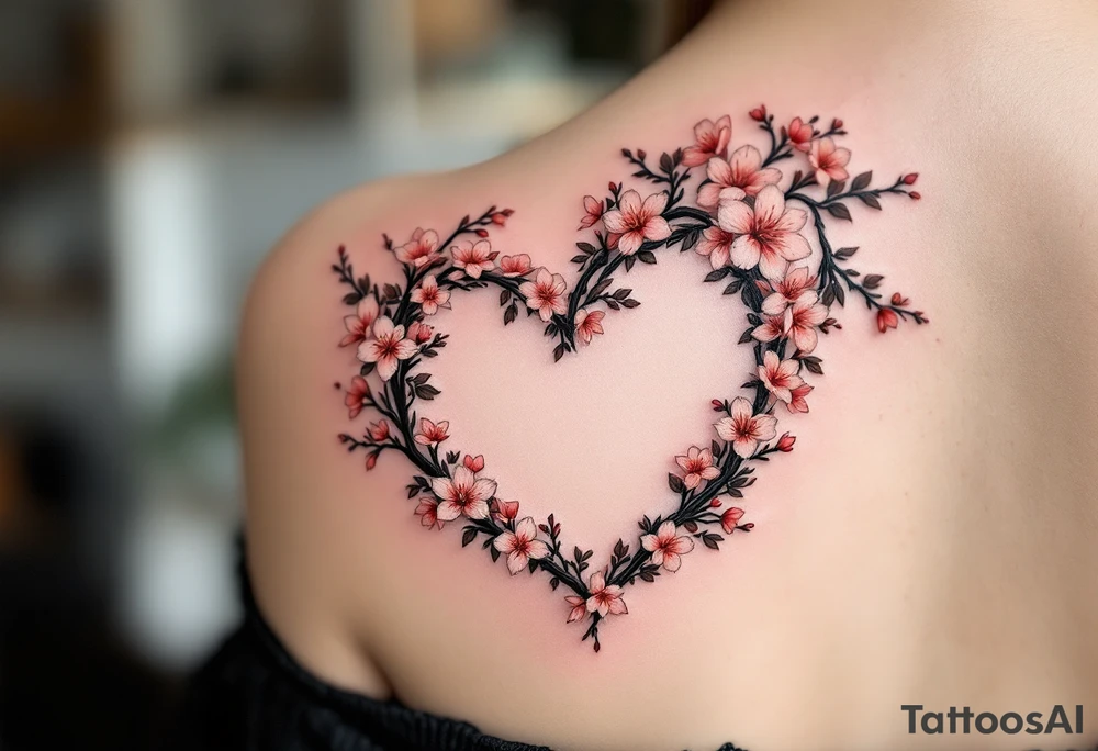 Cherry Blossom Heart Frame – Blossoms forming the shape of a heart, flowers in baby pink and coral, branches in dark brown, representing love and renewal. tattoo idea